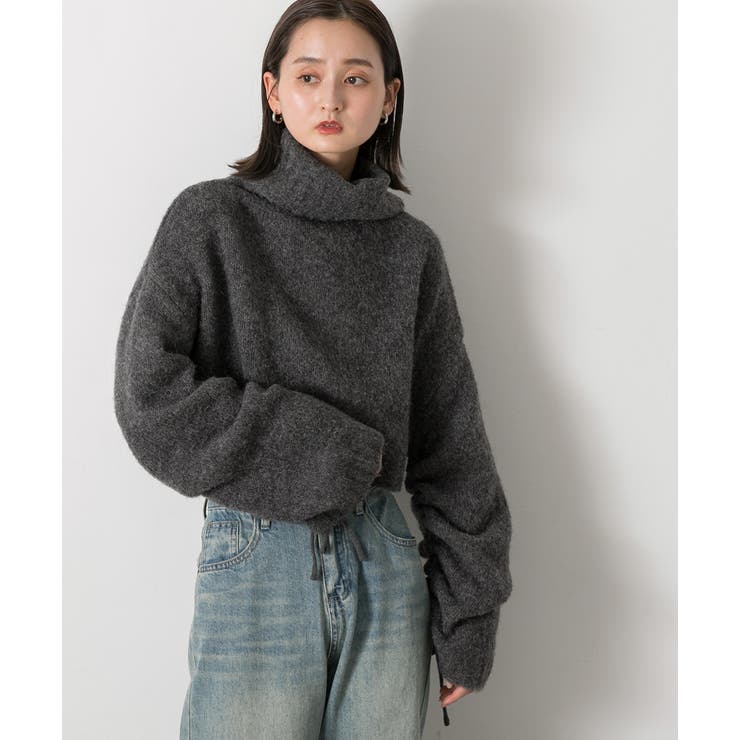 ハイネック・袖ドロスト ブークレショート丈ニット | ad thie | 詳細画像24 