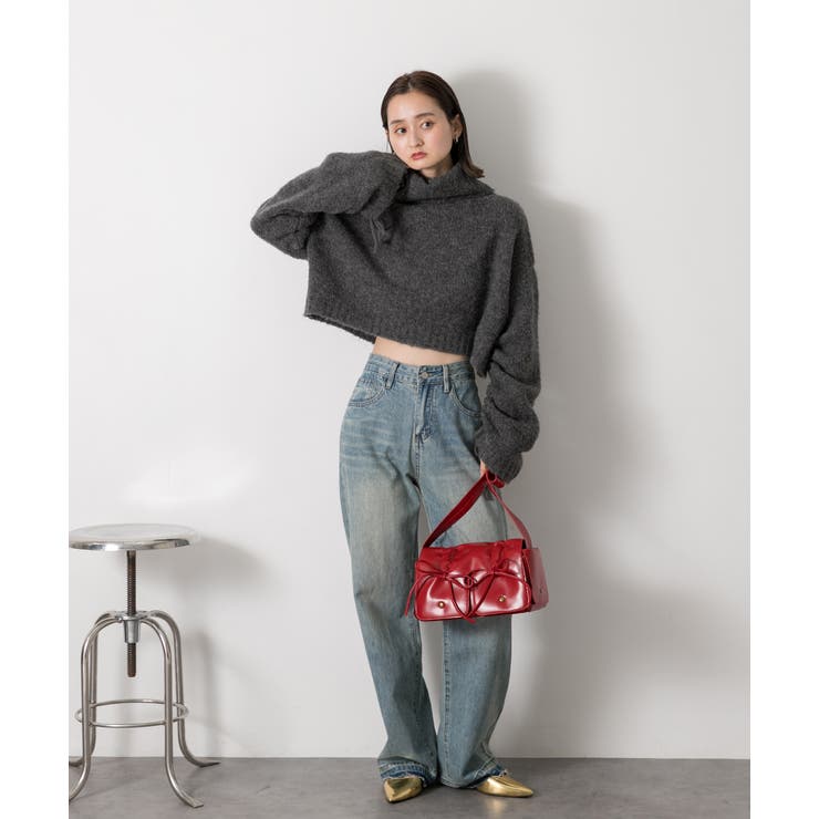 ハイネック・袖ドロスト ブークレショート丈ニット | ad thie | 詳細画像25 