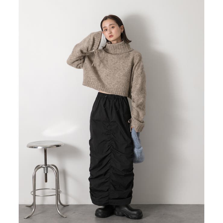 ハイネック・袖ドロスト ブークレショート丈ニット | ad thie | 詳細画像3 