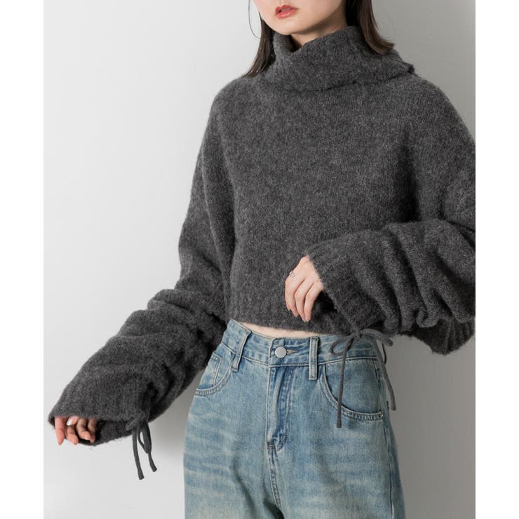 チャコール | ハイネック・袖ドロスト ブークレショート丈ニット | ad thie