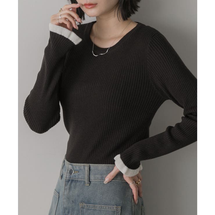 ブラック | 配色フレアスリーブリブニット | ad thie