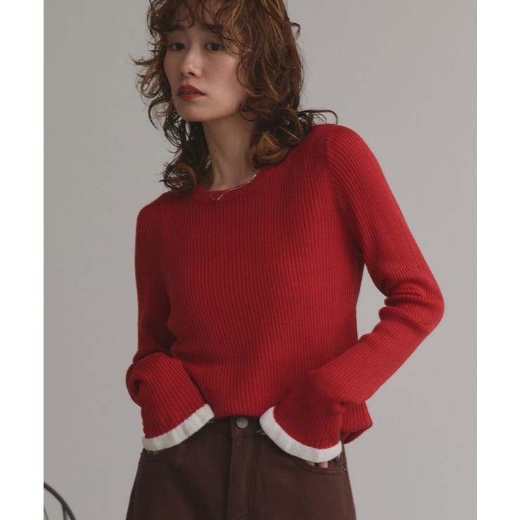 レッド | 配色フレアスリーブリブニット | ad thie