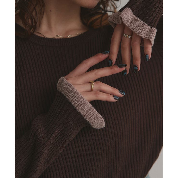 ダークブラウン | 配色フレアスリーブリブニット | ad thie