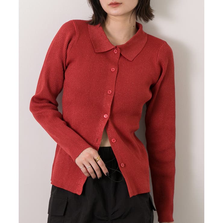 レッド | ラメニット・襟付き コンパクトカーディガン | ad thie