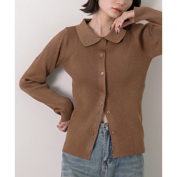 ブラウン | ラメニット・襟付き コンパクトカーディガン | ad thie