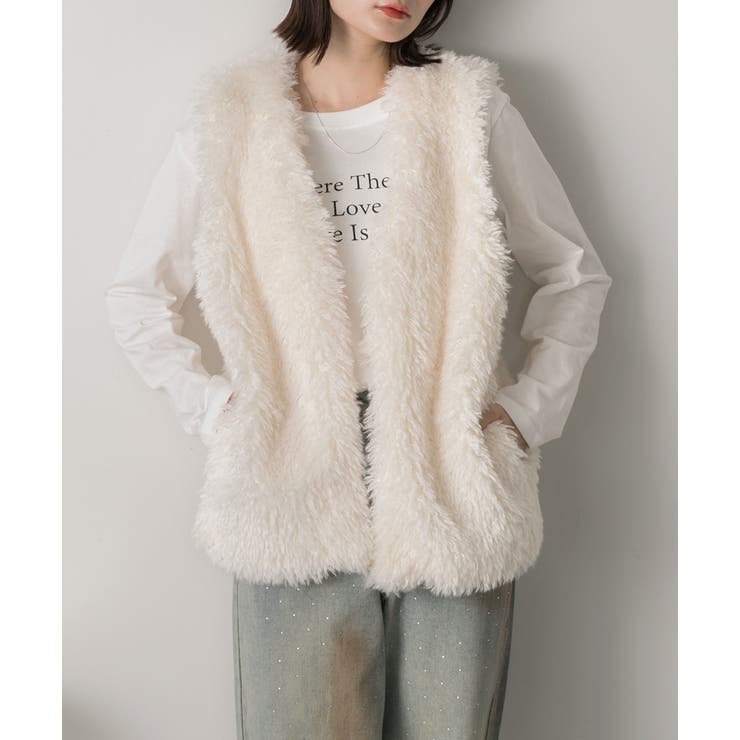 オフホワイト | プードルファーベスト | ad thie