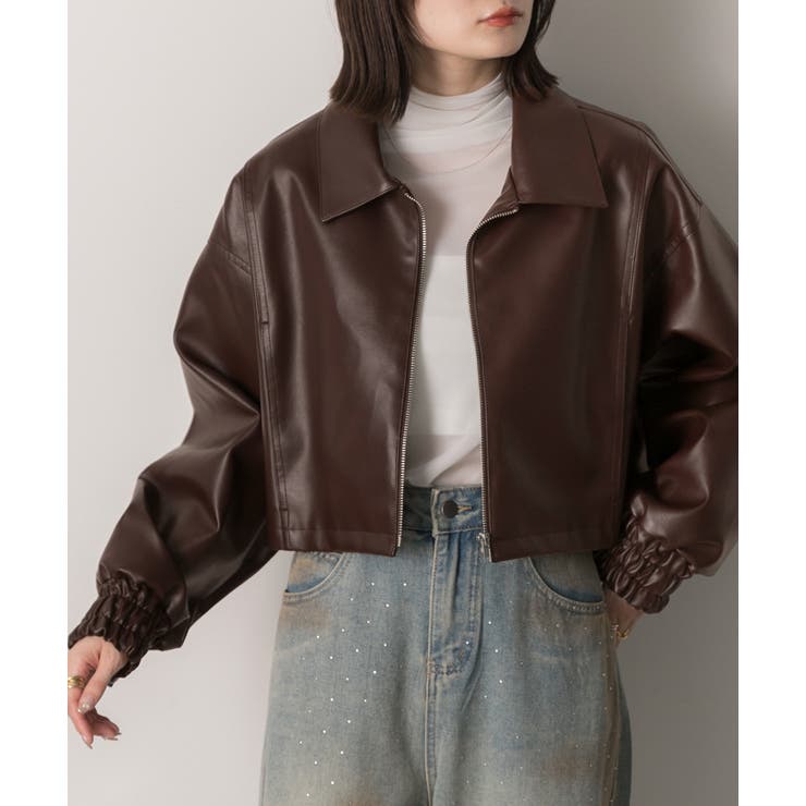 ブラウン | ショート ライダースジャケット  | ad thie