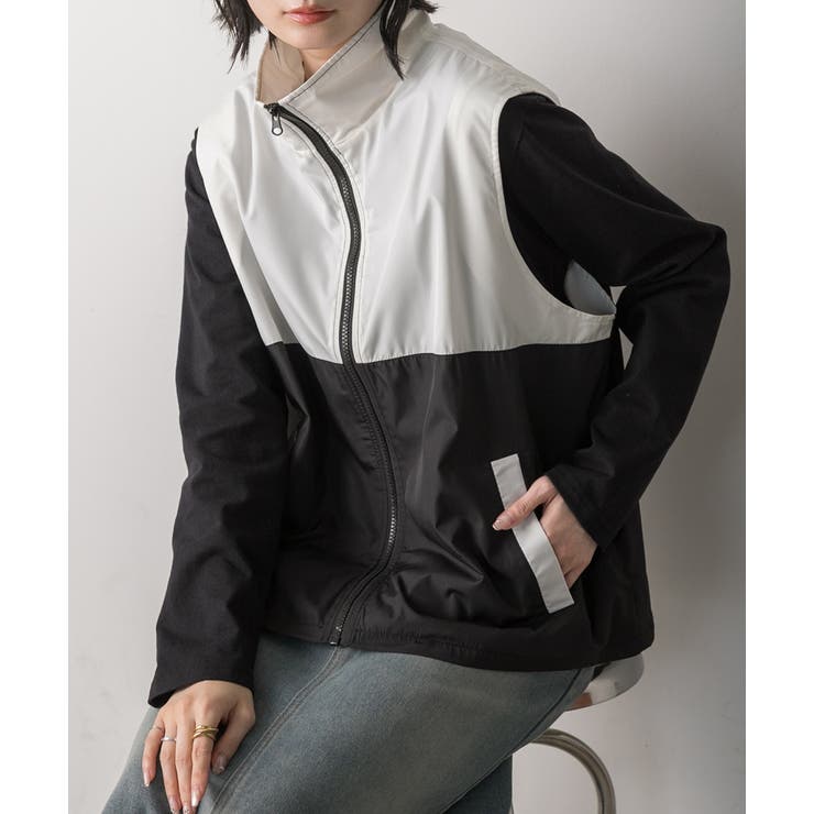 スタンドカラー バイカラーベスト | ad thie | 詳細画像15 