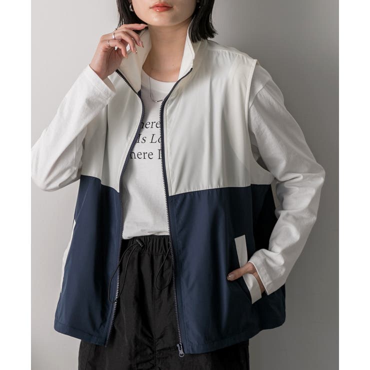 スタンドカラー バイカラーベスト | ad thie | 詳細画像25 