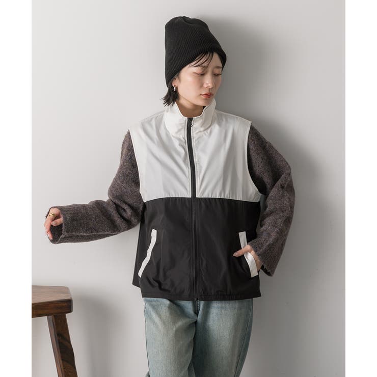 スタンドカラー バイカラーベスト[品番：ADEW0004556]｜ad thie