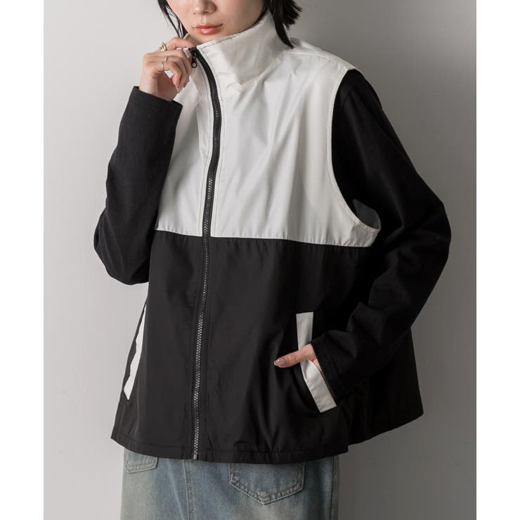 ブラック | スタンドカラー バイカラーベスト | ad thie