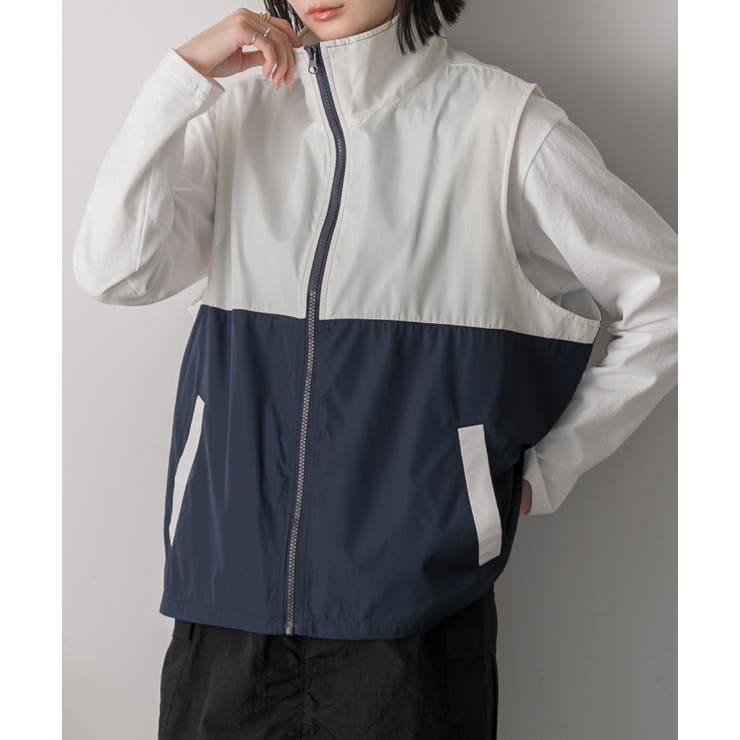 スタンドカラー バイカラーベスト[品番：ADEW0004556]｜ad thie