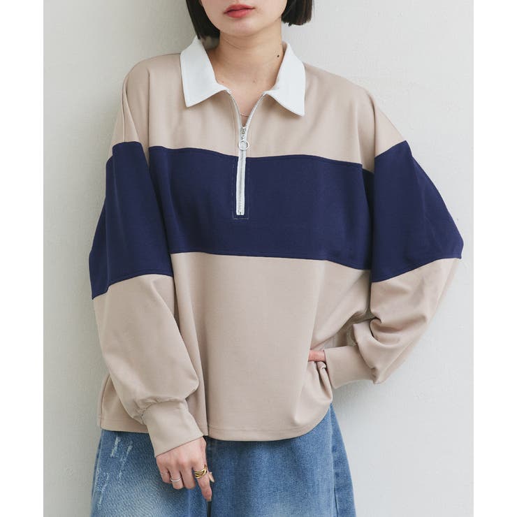 アイボリー×ネイビー | ハーフジップラガープルオーバー | ad thie