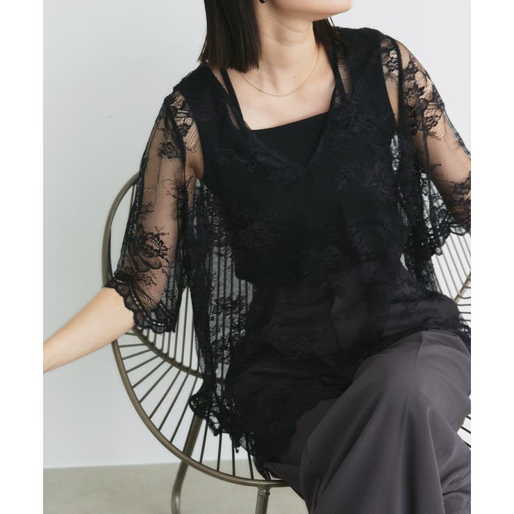 ブラック | Vネックレースオーバーブラウス | ad thie