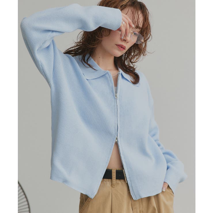 ブルー | ダブルジップポロニットカーディガン | ad thie