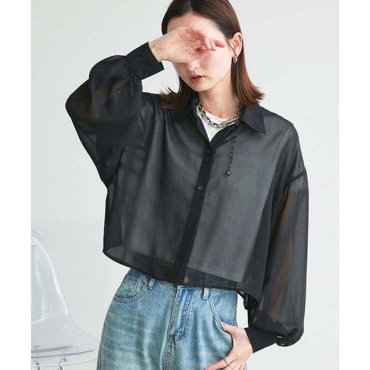 ブラック×オフホワイト | ショート丈シアーシャツ 半袖リブTシャツセット | ad thie