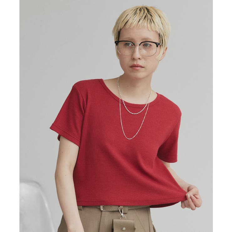 レッド | リブクルーネックコンパクトTシャツ | ad thie