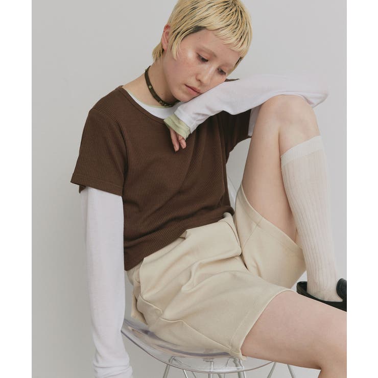 ブラウン | リブクルーネックコンパクトTシャツ | ad thie