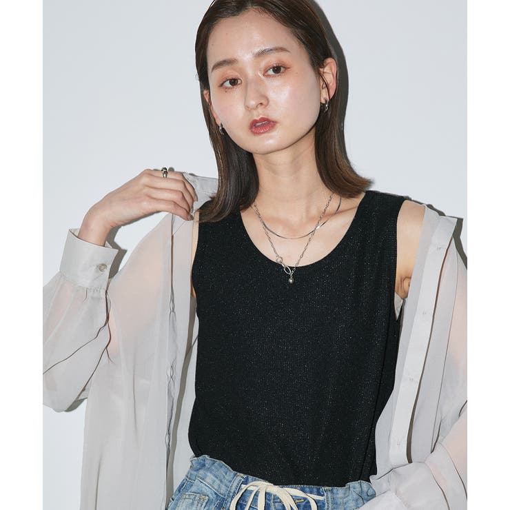 ブラック | ラメテレコリブタンクトップ | ad thie