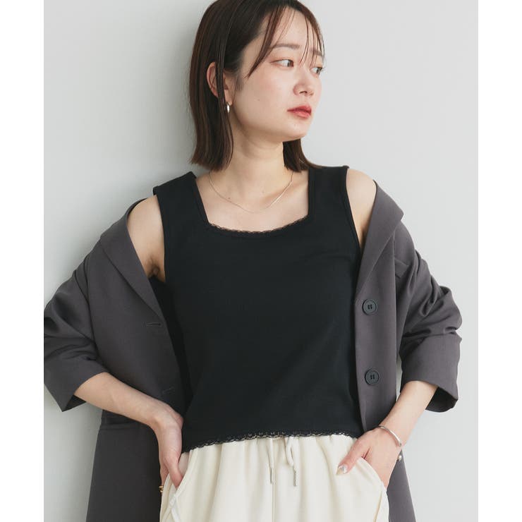 ブラック | スクエアネックレースリブタンクトップ | ad thie