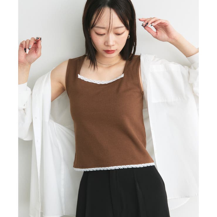 ブラウン | スクエアネックレースリブタンクトップ | ad thie