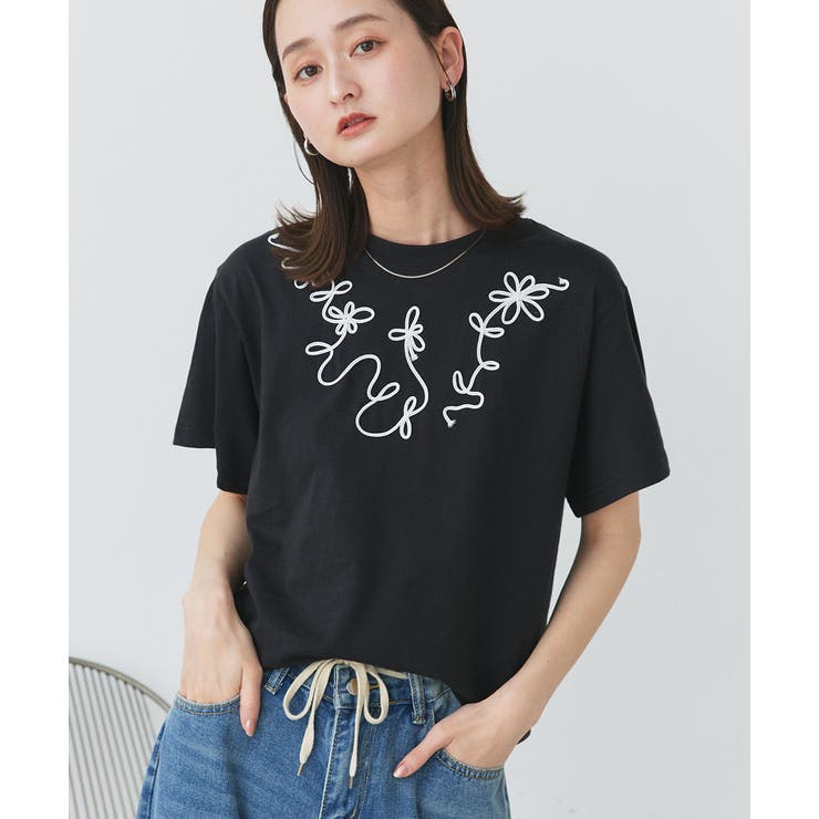 フラワーモチーフコード刺繍Tシャツ | ad thie | 詳細画像19 