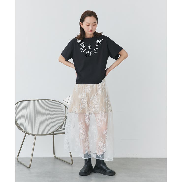 フラワーモチーフコード刺繍Tシャツ | ad thie | 詳細画像26 