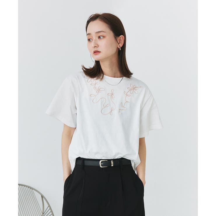フラワーモチーフコード刺繍Tシャツ | ad thie | 詳細画像5 