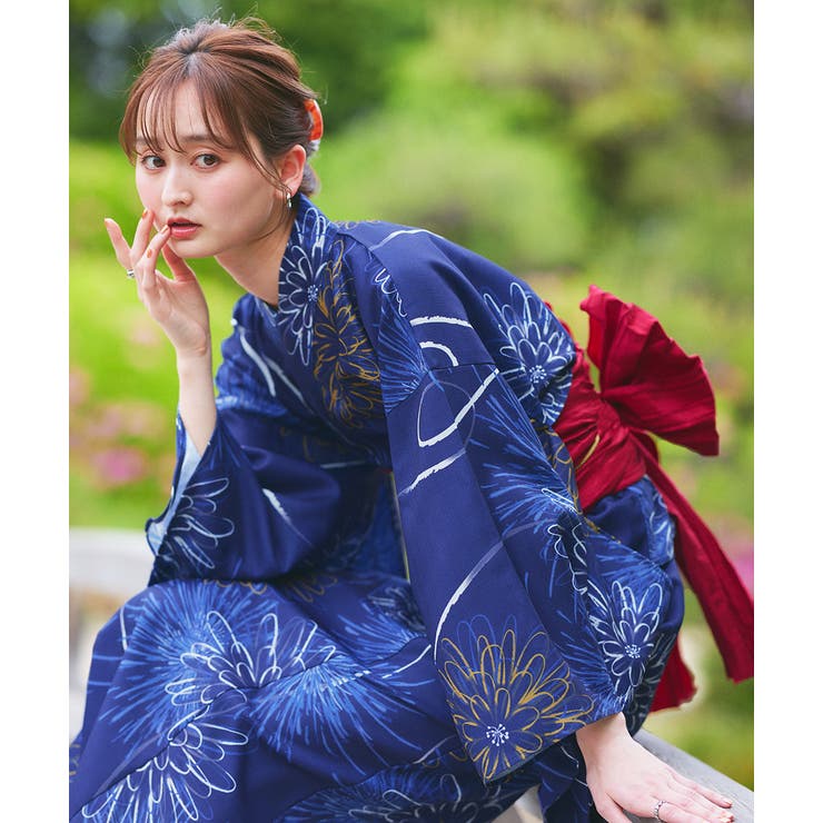 花火模様 浴衣・帯セット 浴衣 レディース 2点セット 浴衣帯 セット 半幅帯 リバーシブル