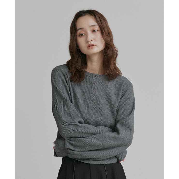 モクグレー | ヘンリーネックショート丈ワッフルプルオーバー | ad thie