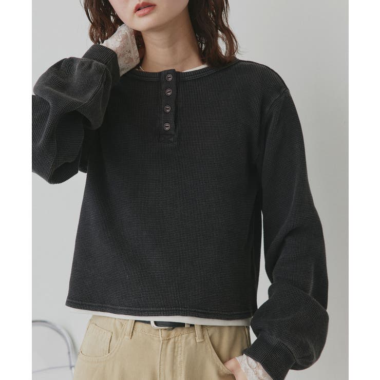 ブラック×スノーウォッシュ | ヘンリーネックショート丈ワッフルプルオーバー | ad thie