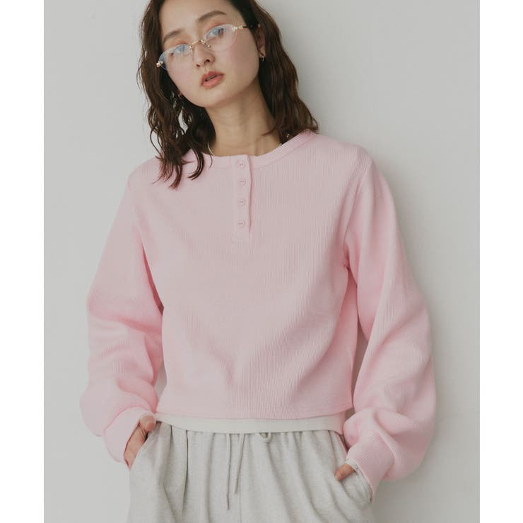 ピンク | ヘンリーネックショート丈ワッフルプルオーバー | ad thie