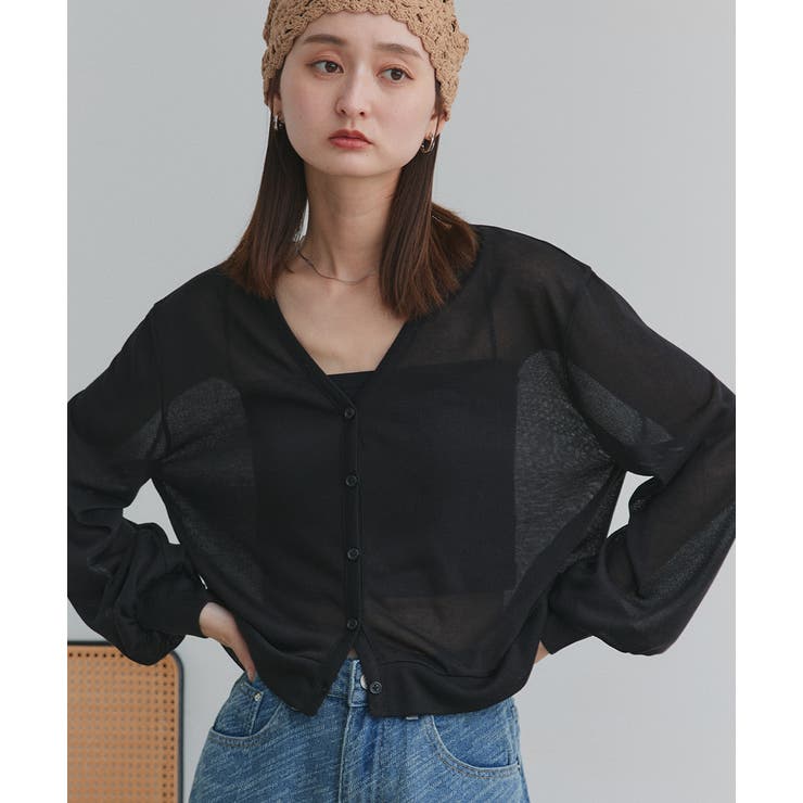 ブラック | 袖ボリュームVネックシアーカーディガン | ad thie