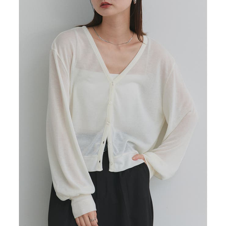 アイボリー | 袖ボリュームVネックシアーカーディガン | ad thie