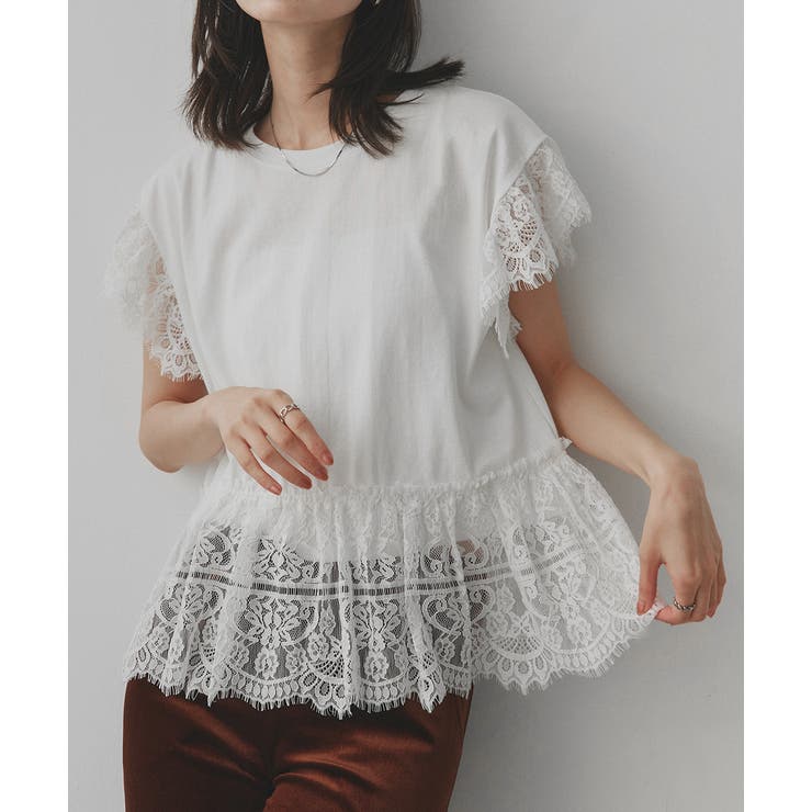 オフホワイト | ヘムスリーブレースデザイントップス | ad thie