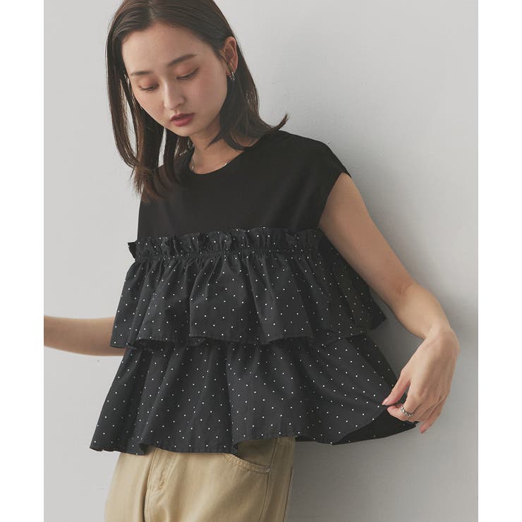 ブラック | ポルカドットティアードフリルトップス | ad thie