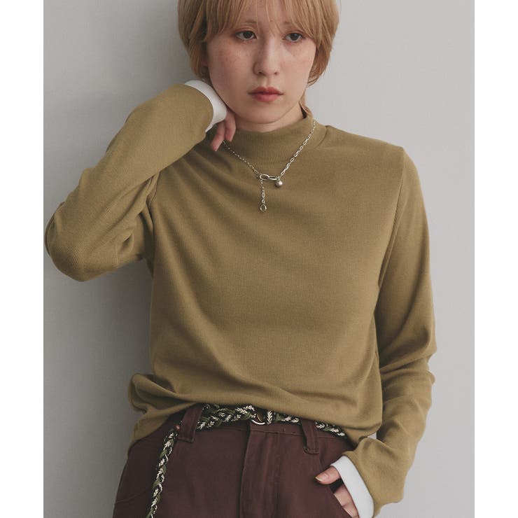 カーキ×オフホワイト | 【2025AW新作】配色アソートスリーブハイネックトップス | ad thie