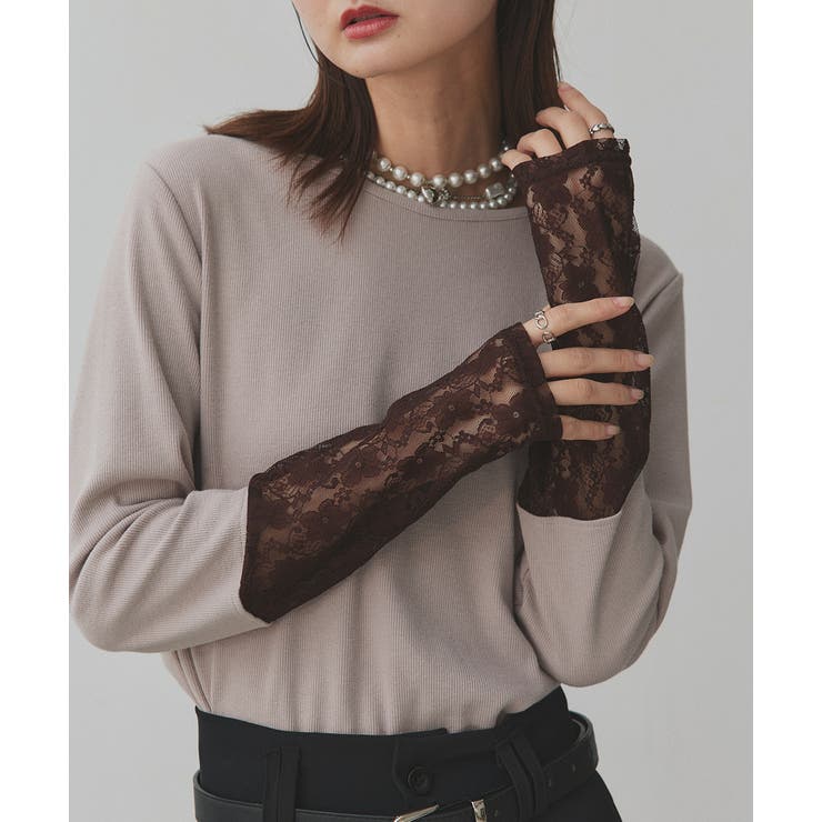グレージュ×ブラウンレース | 袖切替ラメシアー レースアソートトップス | ad thie