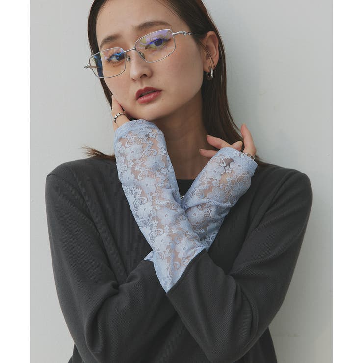 チャコール×ライトブルーレース | 袖切替ラメシアー レースアソートトップス | ad thie