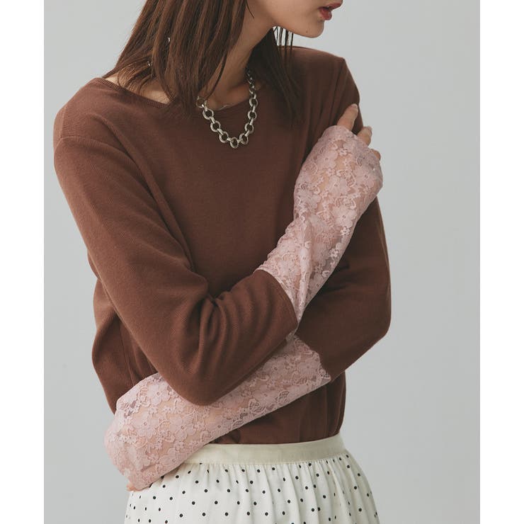 ブラウン×ピンクレース | 袖切替ラメシアー レースアソートトップス | ad thie