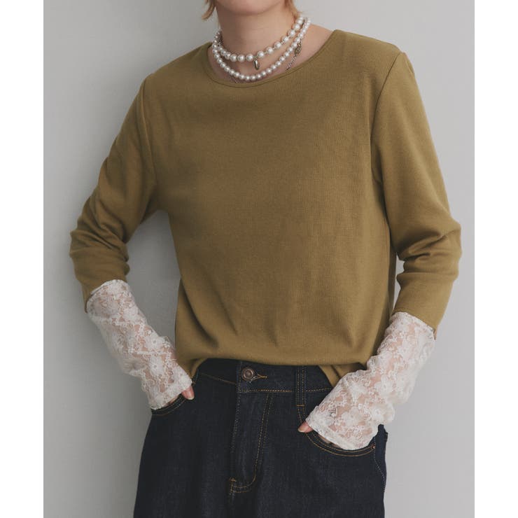 カーキ×オフホワイトレース | 袖切替ラメシアー レースアソートトップス | ad thie