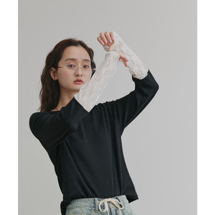 ブラック×オフホワイトレース | 袖切替ラメシアー レースアソートトップス | ad thie