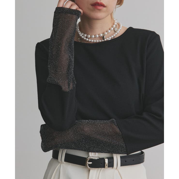 ブラック×ラメシアー | 袖切替ラメシアー レースアソートトップス | ad thie