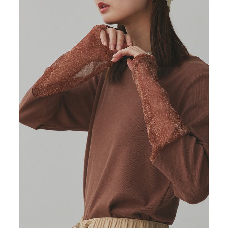 ブラウン×ラメシアー | 袖切替ラメシアー レースアソートトップス | ad thie