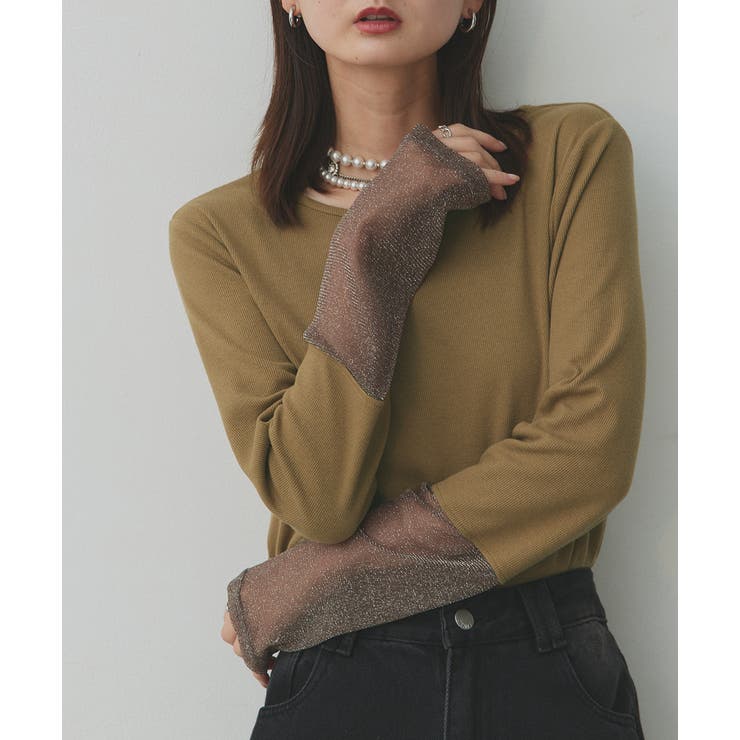 カーキ×ラメシアー | 袖切替ラメシアー レースアソートトップス | ad thie