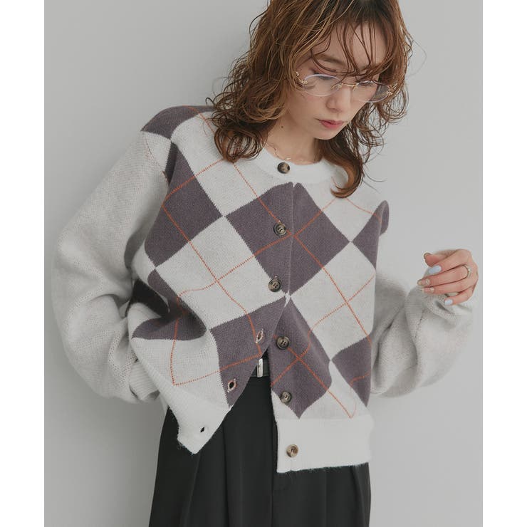 オフホワイト | アーガイルニットカーディガン | ad thie