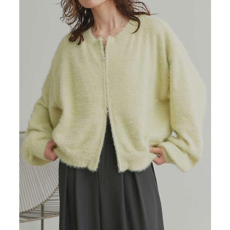 ライム | ダブルジップシャギーニットカーディガン | ad thie