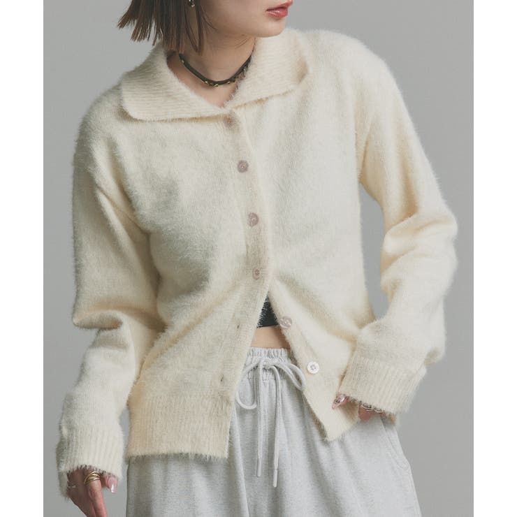 オフホワイト | シャギーニットポロカーディガン | ad thie