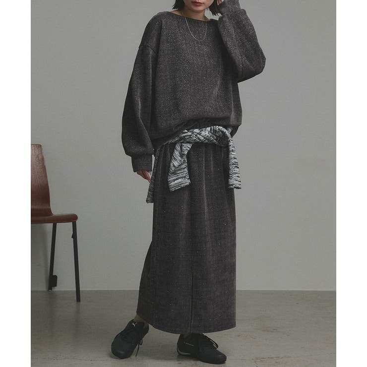 チャコール | ラメモールボートネックプルオーバー ナロースカートセットアップ | ad thie