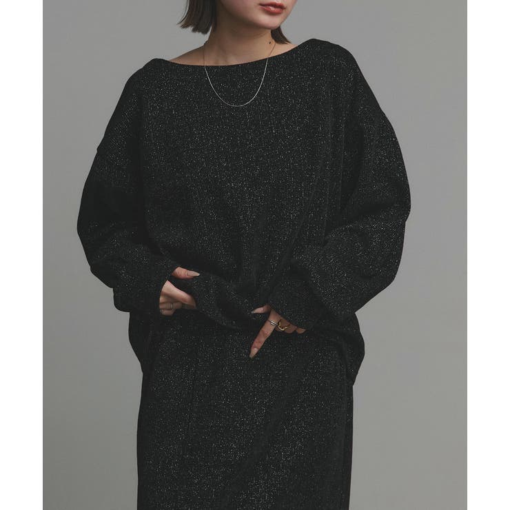 ブラック | ラメモールボートネックプルオーバー ナロースカートセットアップ | ad thie